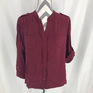 Zenobia Wine Purple Button Up Rolltab Sleeve Blouse Epaulet Shirt XXL